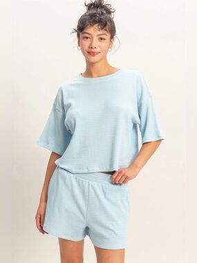 NEW Double Zero Blue White Striped Lounge Set Boxy Tee Elastic Shorts Medium
